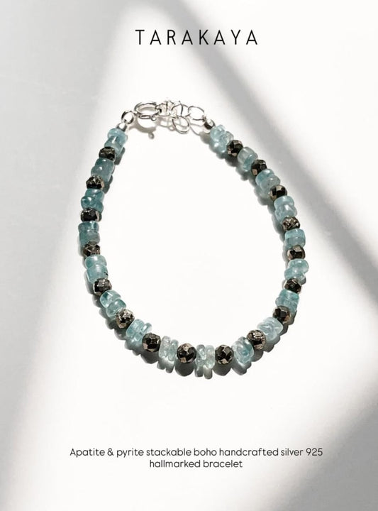 Blue Apatite & Pyrite 925 Sterling Silver Bracelet