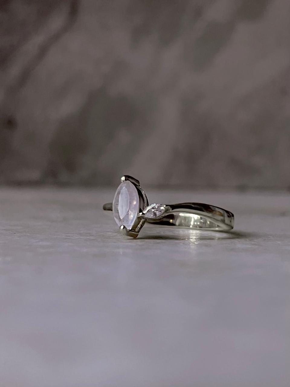 Moonstone Double Stone Marquise Cut & CZ Stone 925 Sterling Silver Ring