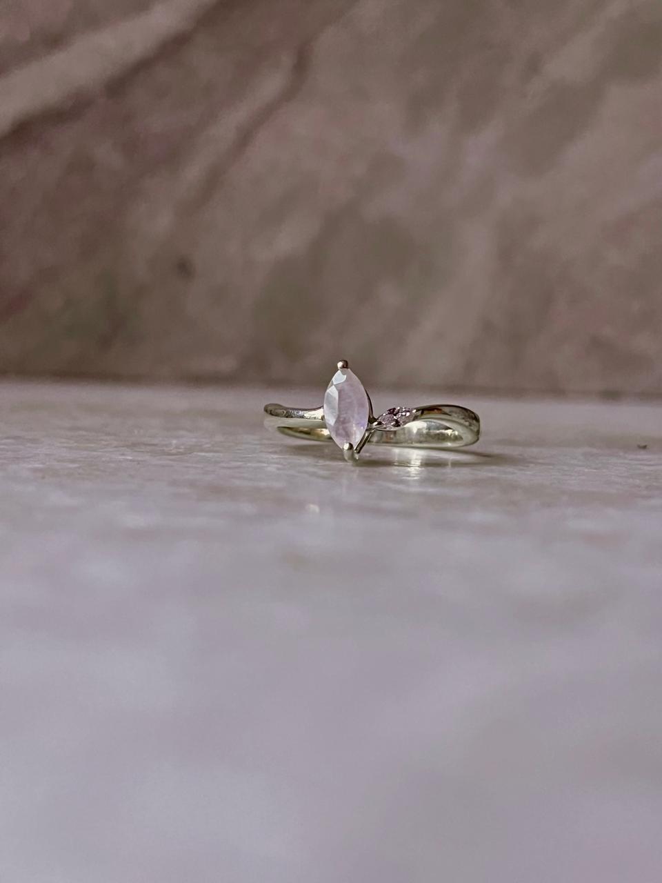 Moonstone Double Stone Marquise Cut & CZ Stone 925 Sterling Silver Ring