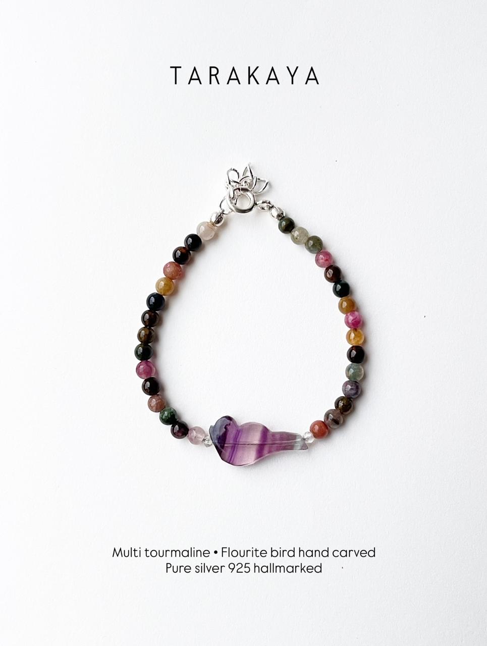 Multi Tourmaline plain round and Multi Fluorite bird carved 925 silver bracelet 