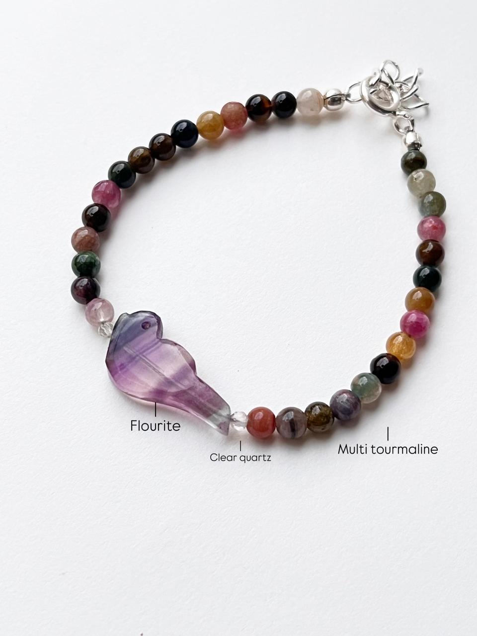 Boho-chic multi gemstone 925 silver bracelet with bird carving  