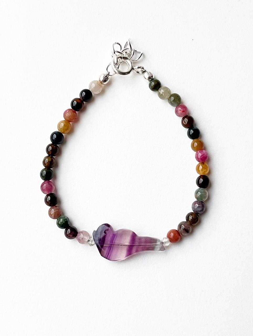 Artistic handcrafted fluorite and tourmaline silver bracelet