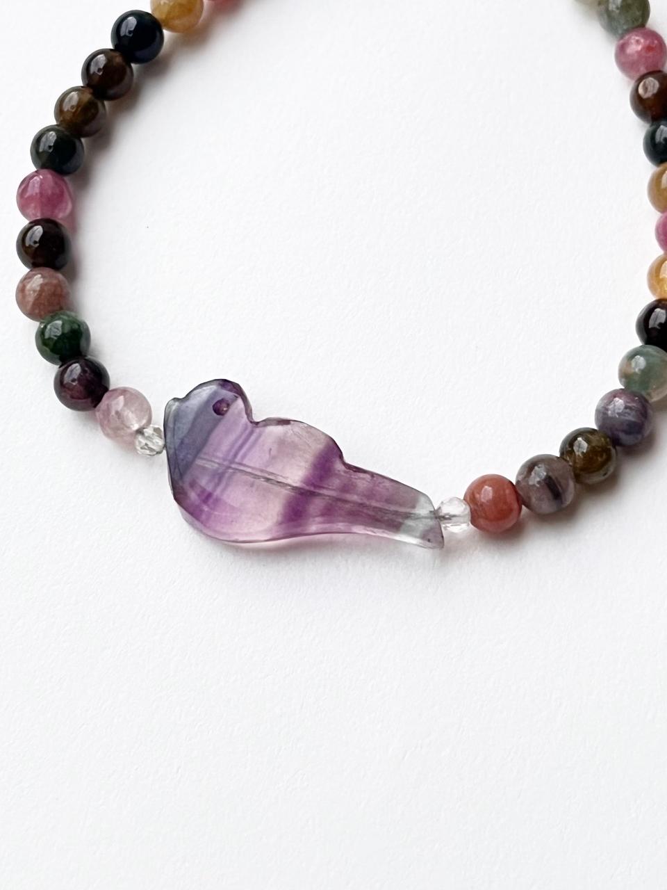  Handcrafted sterling silver bracelet with fluorite bird and tourmaline beads