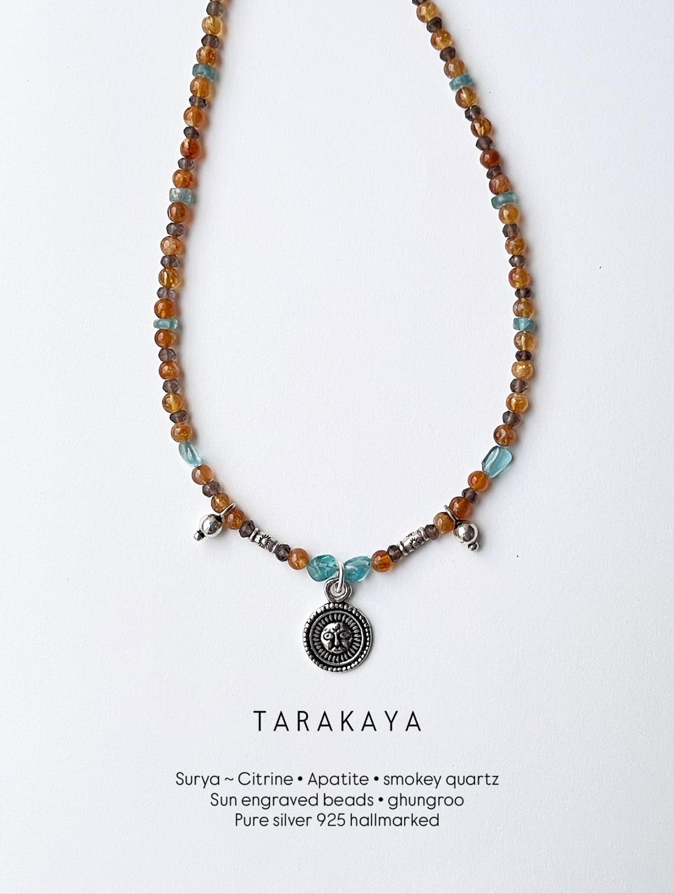 Surya charm apatite citrine smokey quartz silver choker  