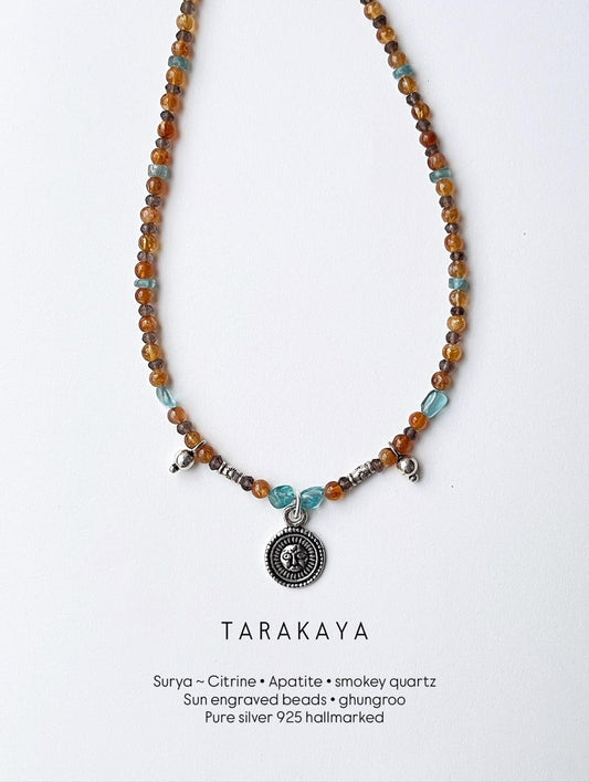 Surya charm apatite citrine smokey quartz silver choker  