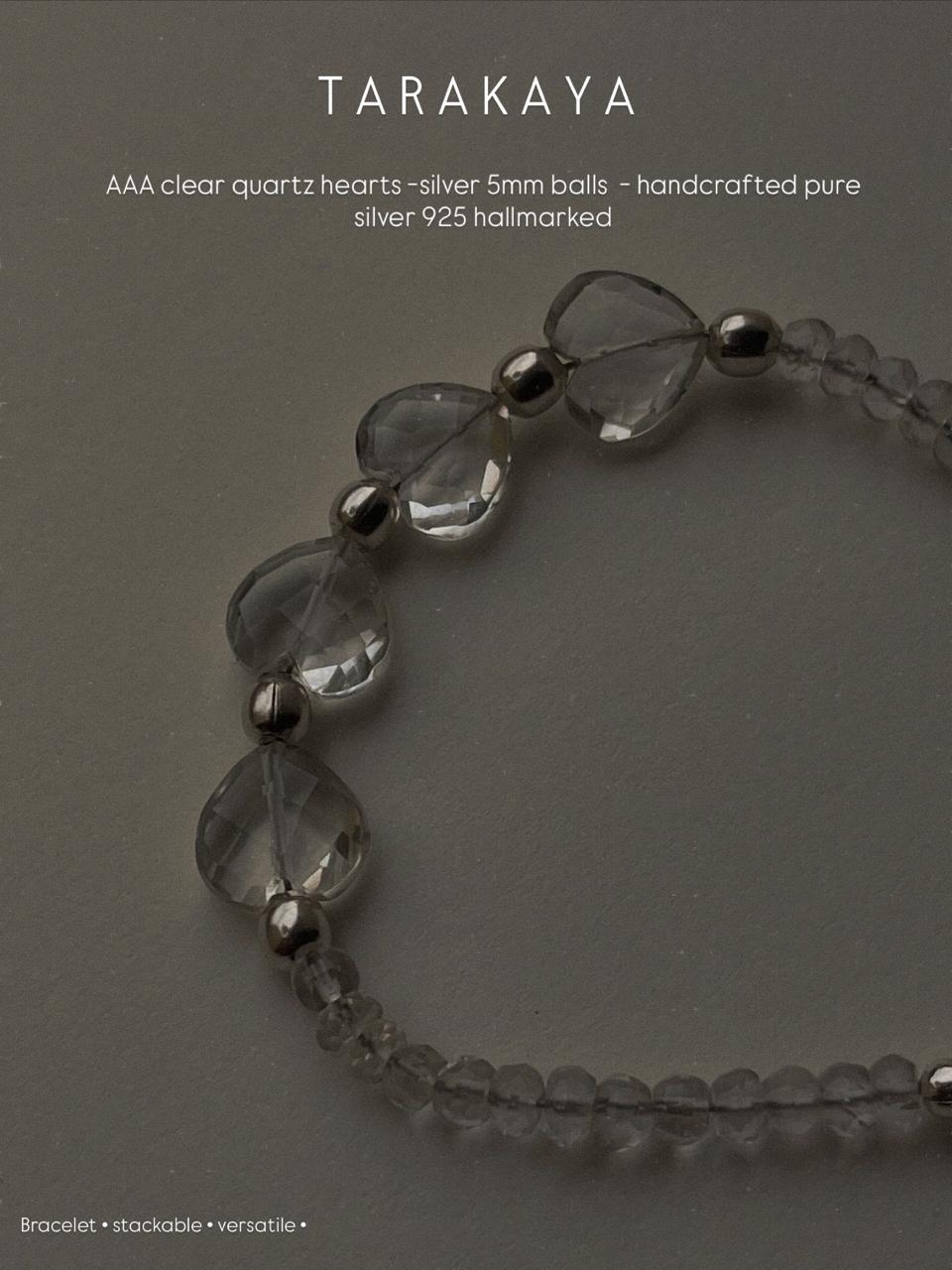 Clear Quartz Heart 5mm Silver Ball 925 Sterling Silver Bracelet  