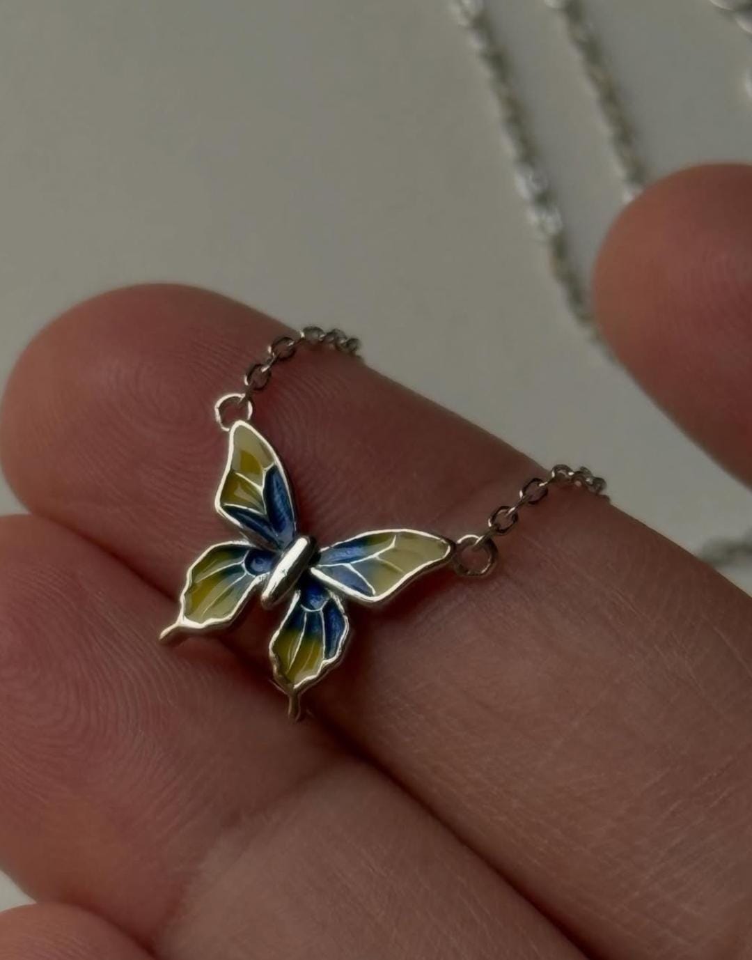 Colorful Enamel Butterfly Charm Sterling Silver Necklace  