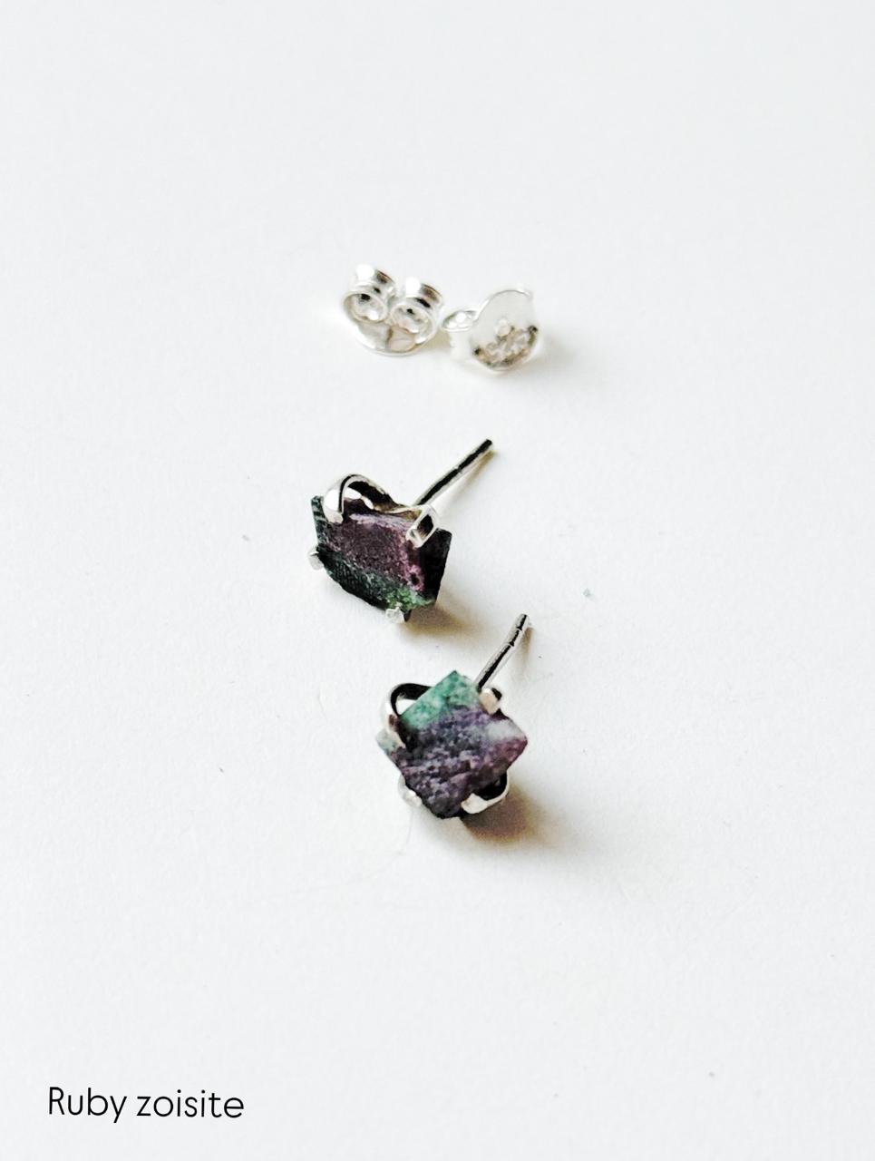 Ruby Zoisite Raw Uncut Prong Setting Studs 925 Sterling Silver Earrings  