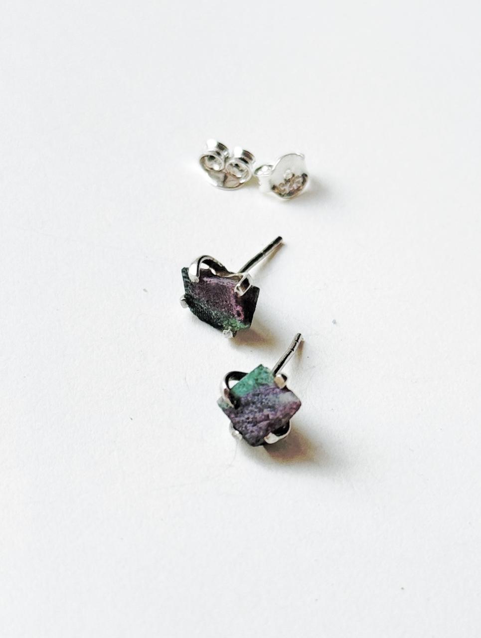 Natural Ruby Zoisite Raw Stone Silver Stud Earrings