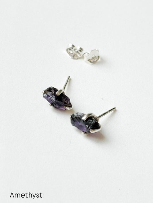 Amethyst Raw Uncut Prong Setting Studs 925 Sterling Silver Earrings