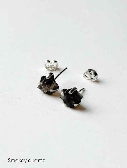 Smokey Quartz Raw Uncut Prong Setting 925 Silver Earrings  