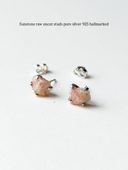 Sunstone Raw Uncut Prong Setting Studs 925 Sterling Silver Earrings