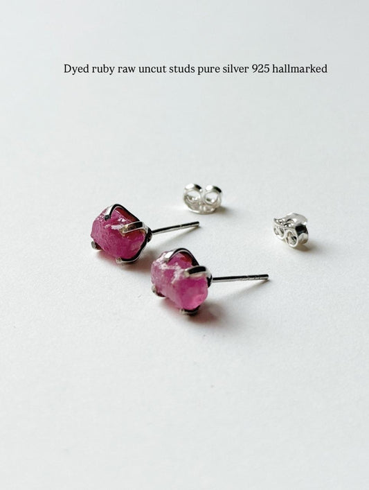 Dyed Ruby Raw Uncut Prong Setting 925 Sterling Silver Earrings  