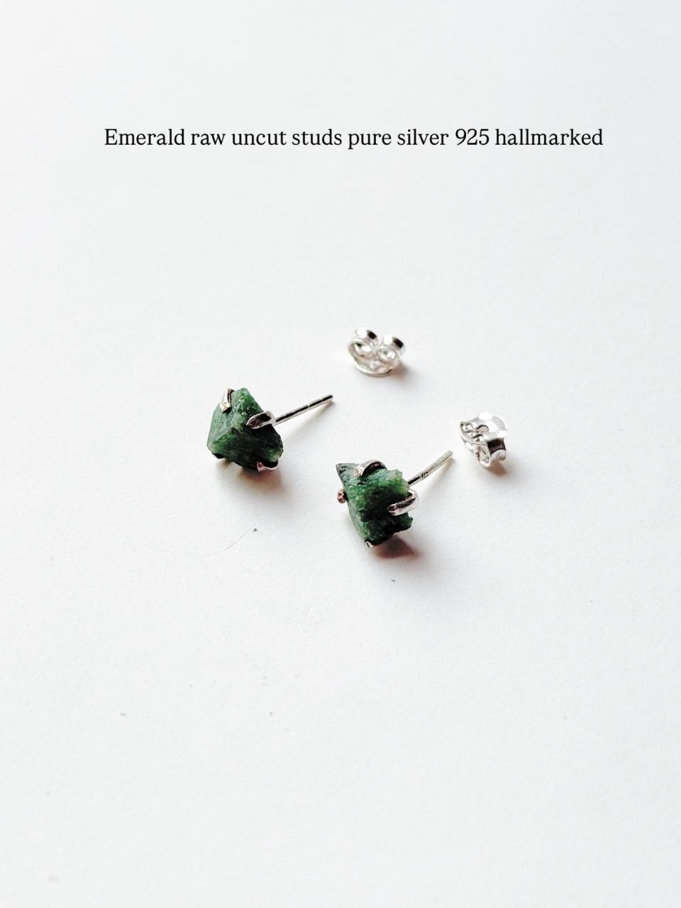 Emerald Raw Uncut Prong Setting Studs 925 Sterling Silver Earrings  