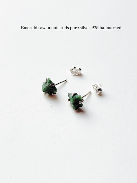 Emerald Raw Uncut Prong Setting Studs 925 Sterling Silver Earrings  