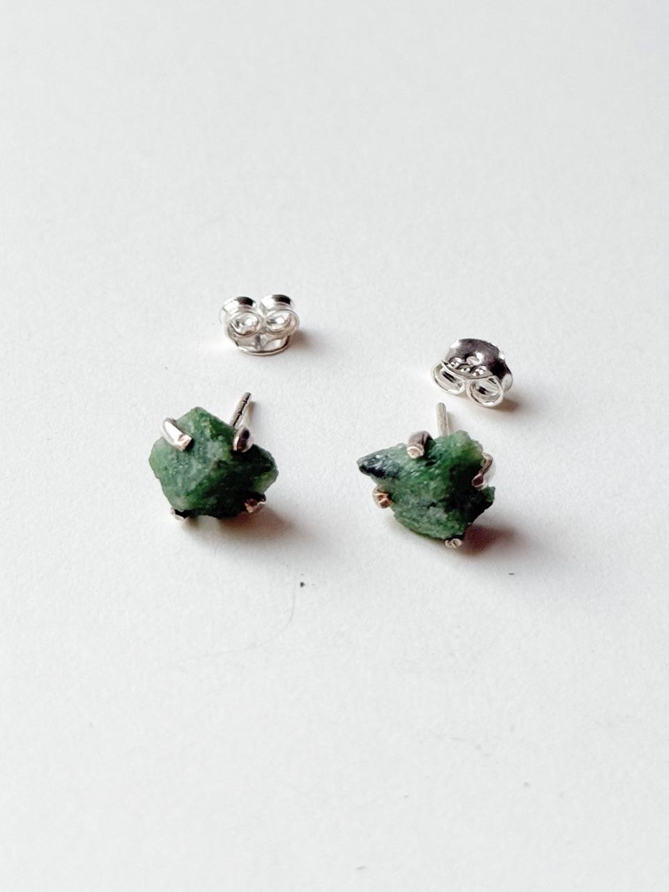 Natural Emerald Raw Stone Sterling Silver Stud Earrings