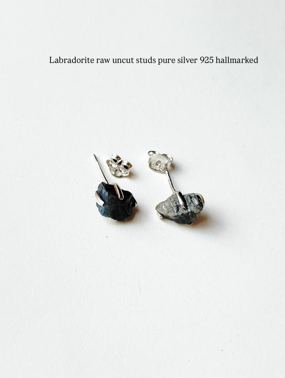 Labradorite Raw Uncut Prong Setting Studs 925 Sterling Silver Earrings  