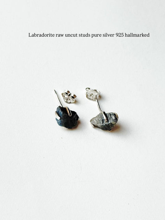 Labradorite Raw Uncut Prong Setting Studs 925 Sterling Silver Earrings  