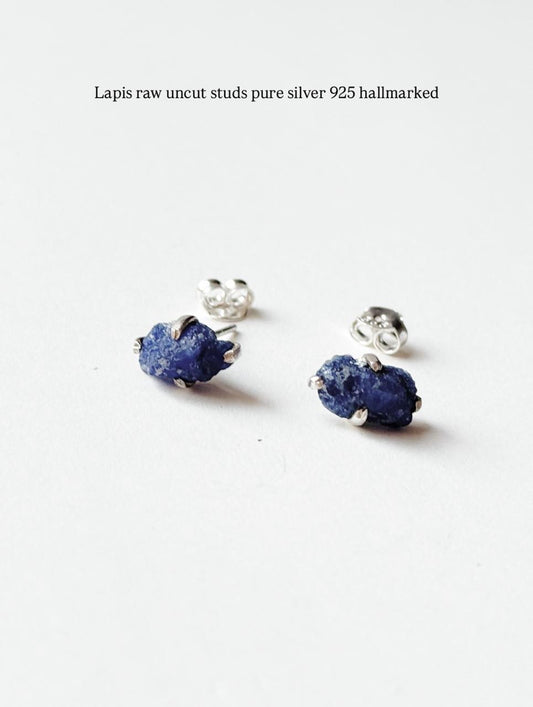 Lapis Lazuli Raw Uncut Prong Setting Studs 925 Sterling Silver Earrings  
