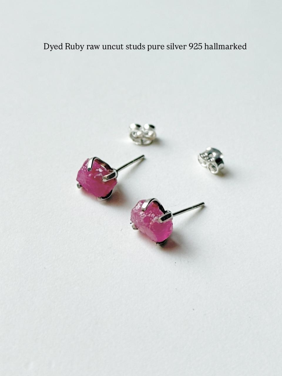 Natural Dyed Ruby Rough Stone Sterling Silver Stud Earrings