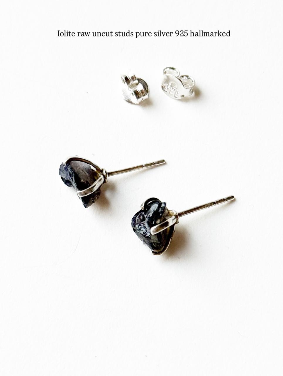 Iolite Raw Uncut Prong Setting Studs 925 Sterling Silver Earrings  