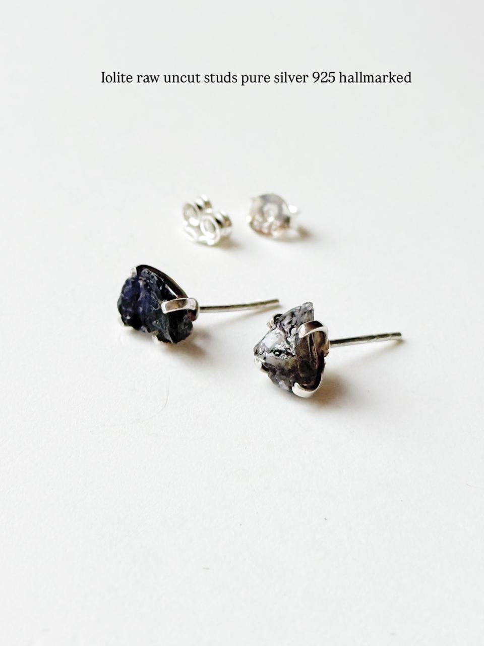 Natural Iolite Raw Stone Sterling Silver Stud Earrings