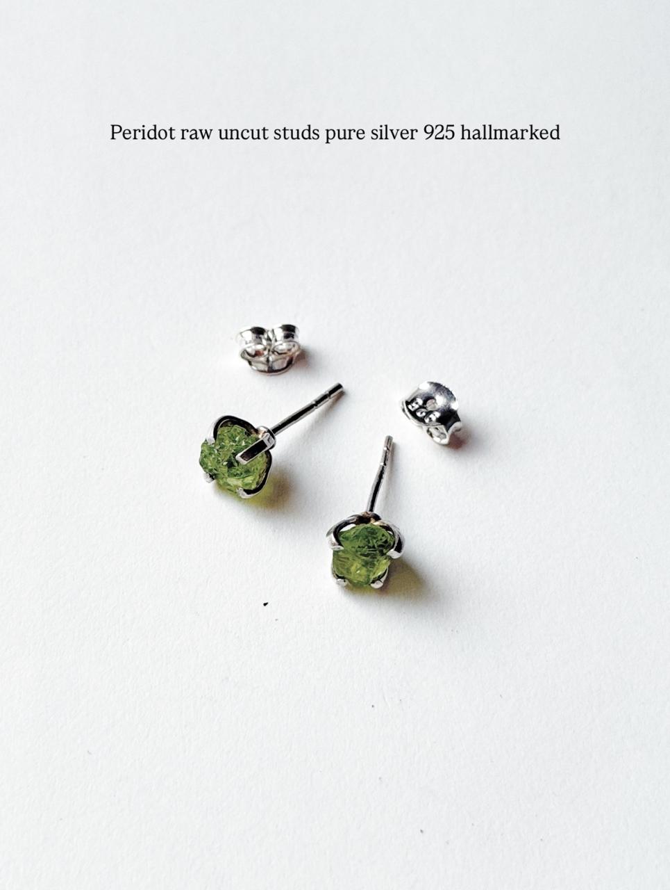 Peridot Raw Uncut Prong Setting Studs 925 Sterling Silver Earrings