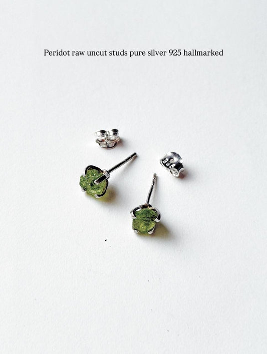 Peridot Raw Uncut Prong Setting Studs 925 Sterling Silver Earrings