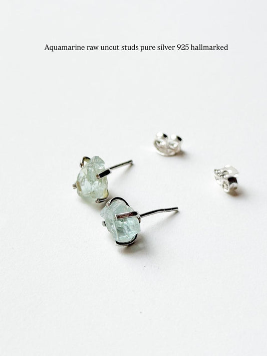 Aquamarine Raw Uncut Prong Setting Studs 925 Sterling Silver Earrings