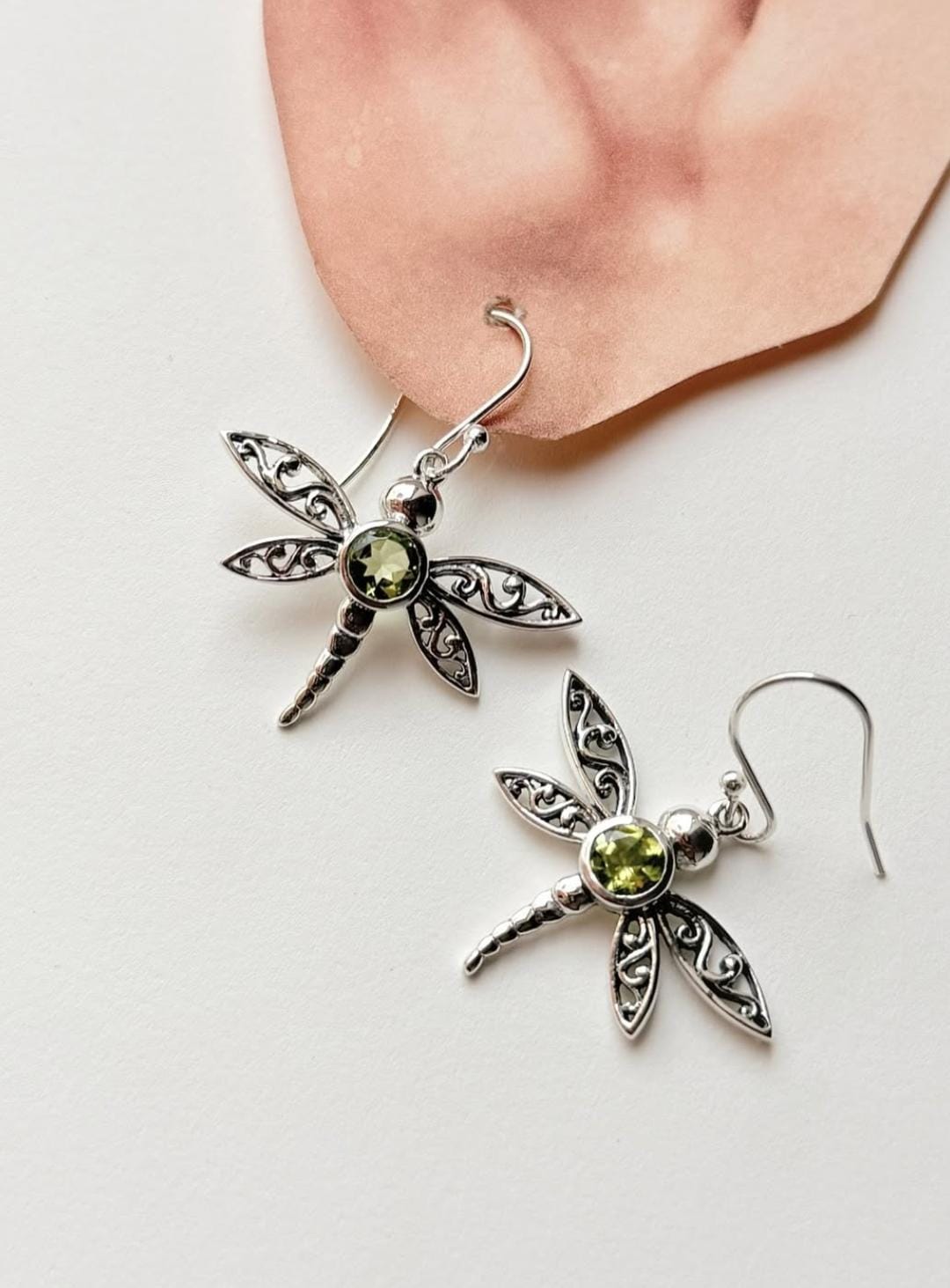 Peridot Dragonfly 925 Sterling Silver Earrings