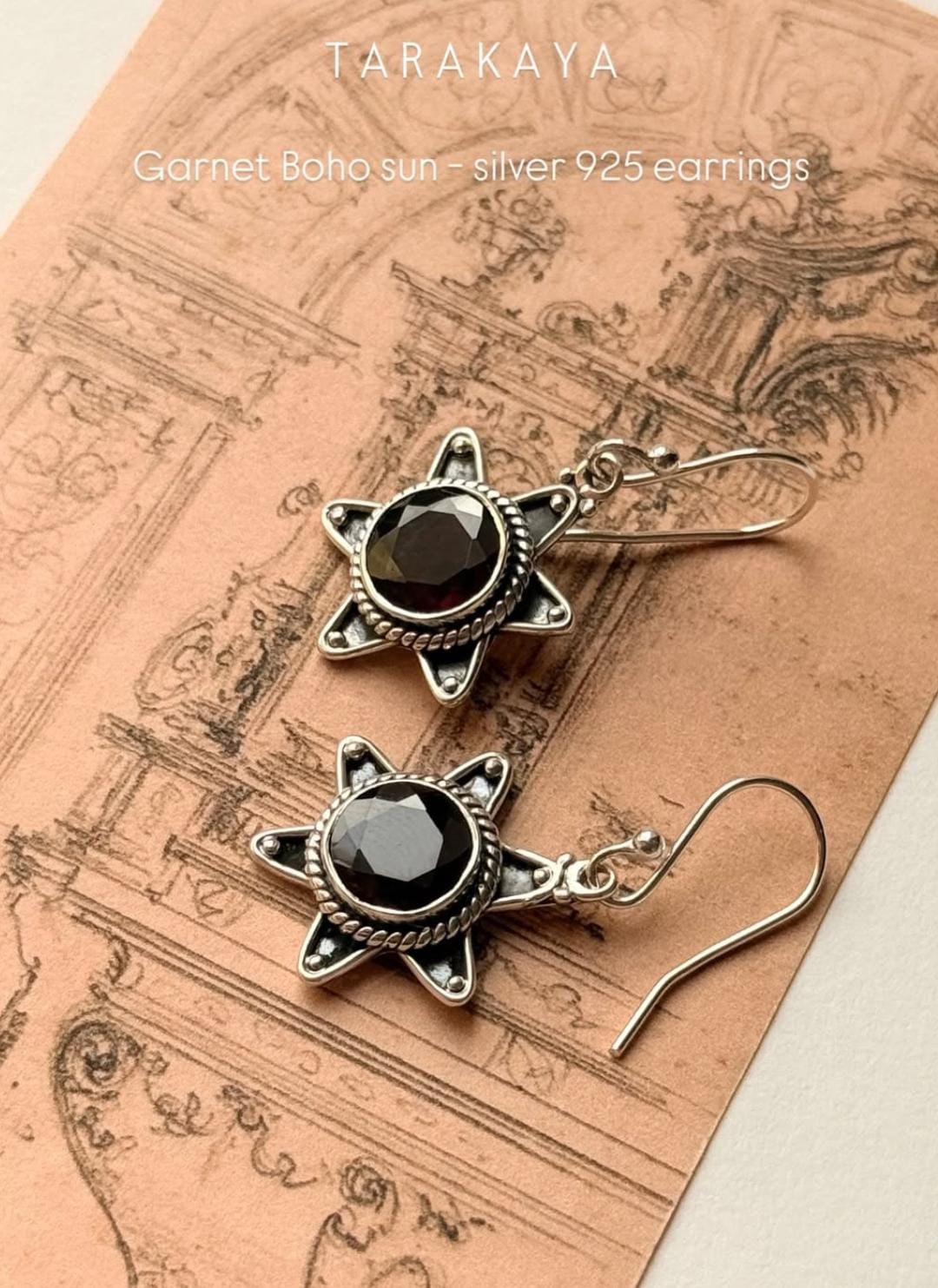 Garnet Boho Sun 925 Sterling Silver Earrings
