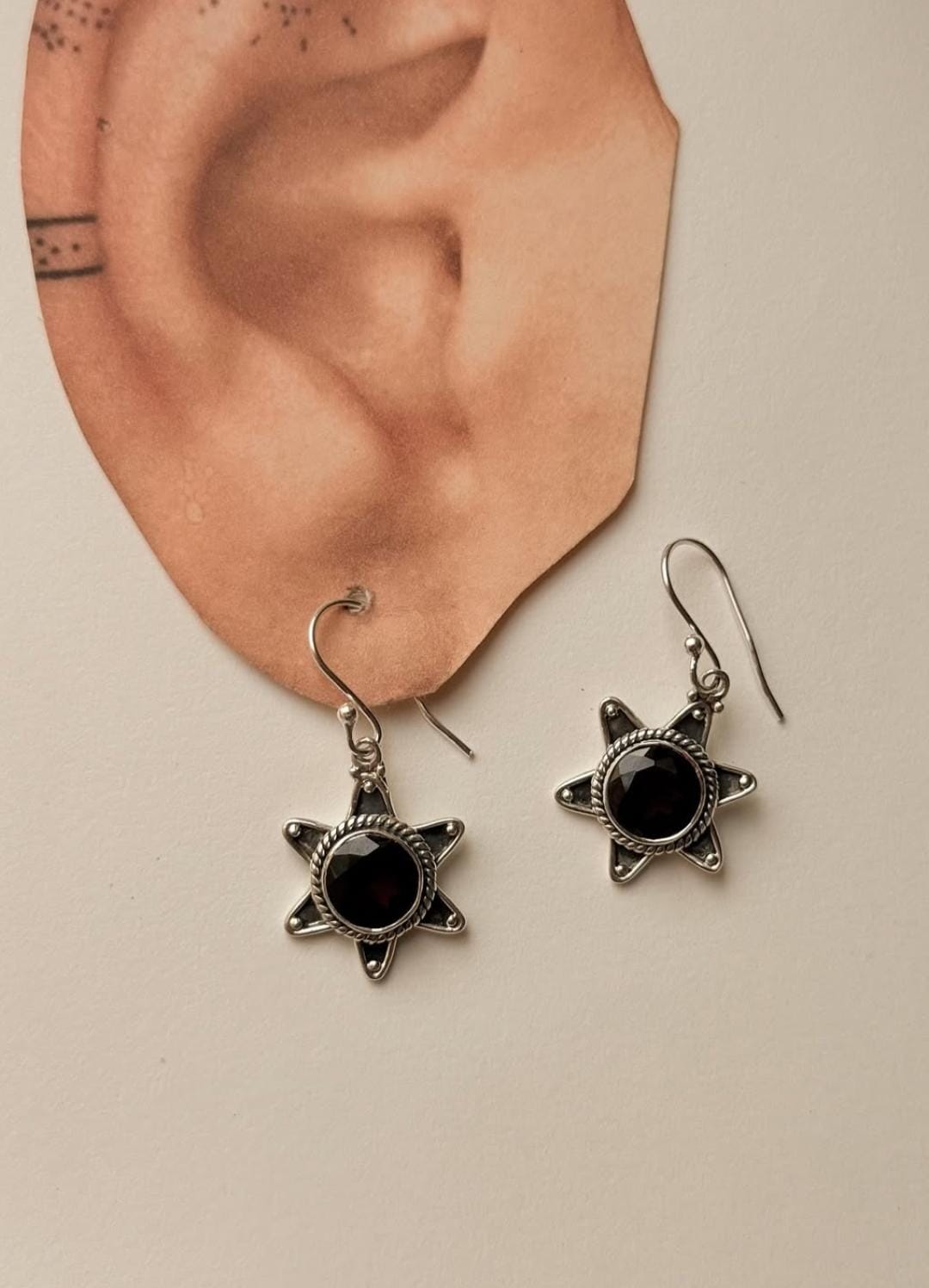 Garnet Boho Sun 925 Sterling Silver Earrings