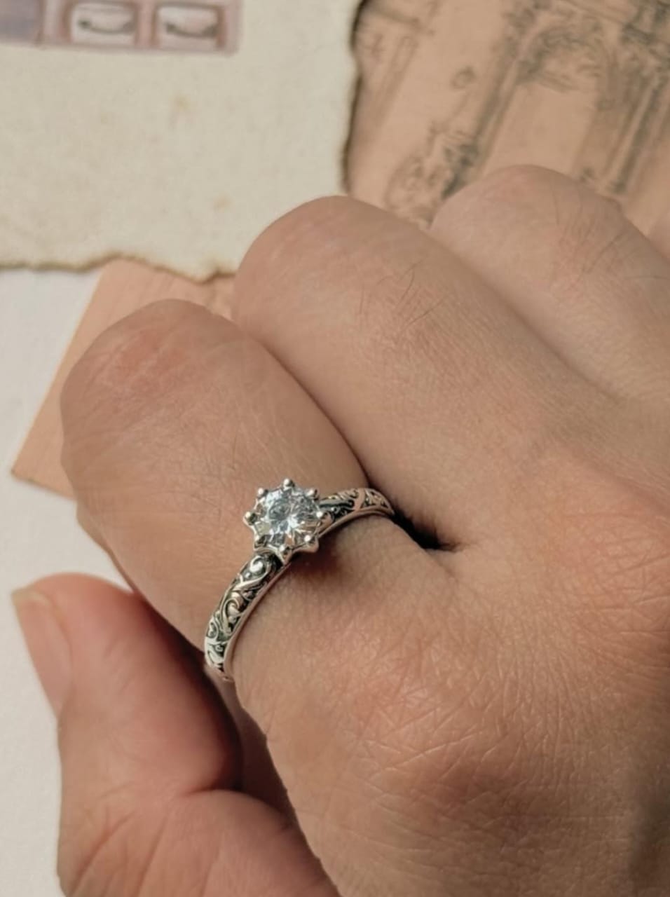 Vintage Motif Cz Solitaire Stack Band 925 Sterling Silver Ring