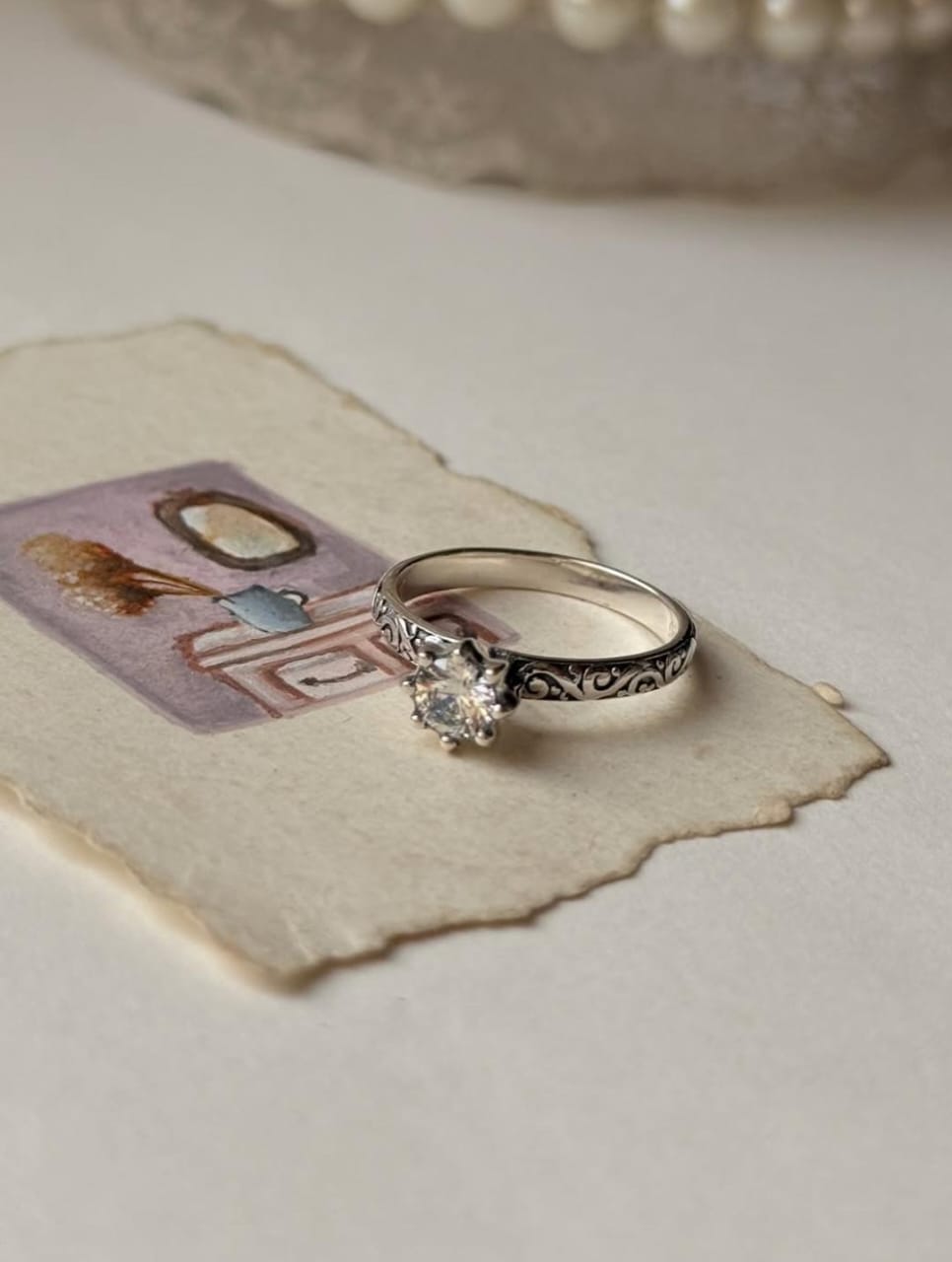Vintage Motif Cz Solitaire Stack Band 925 Sterling Silver Ring