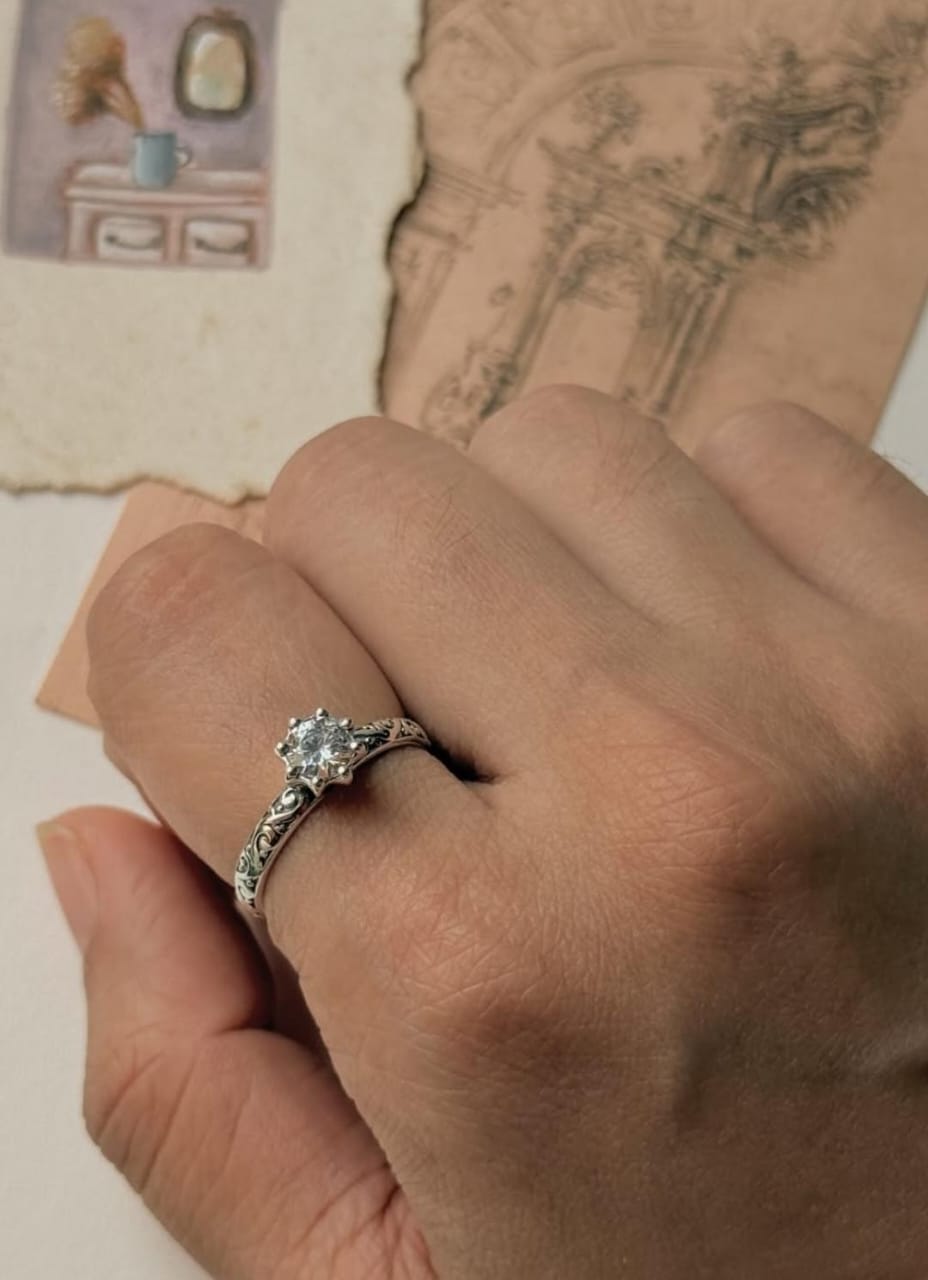 Vintage Motif Cz Solitaire Stack Band 925 Sterling Silver Ring