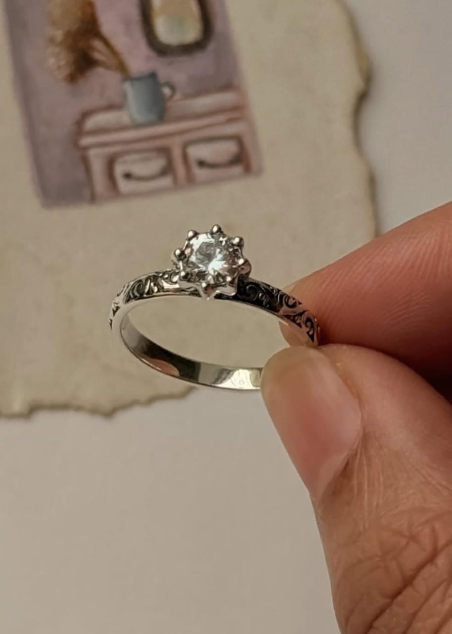 Vintage Motif Cz Solitaire Stack Band 925 Sterling Silver Ring