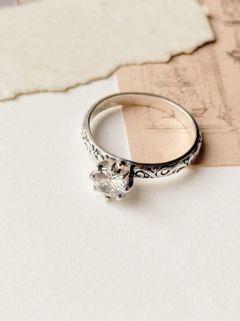 Vintage Motif Cz Solitaire Stack Band 925 Sterling Silver Ring