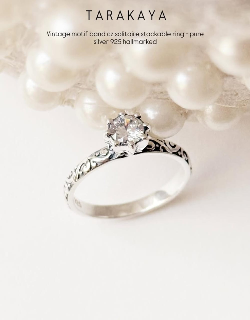Vintage Motif Cz Solitaire Stack Band 925 Sterling Silver Ring