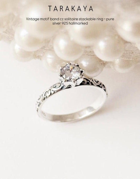 Vintage Motif Cz Solitaire Stack Band 925 Sterling Silver Ring