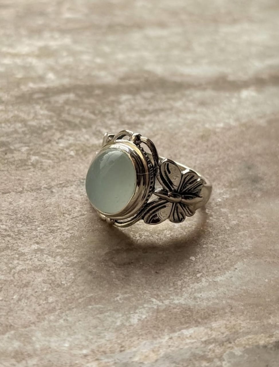 Handcrafted Aqua Chalcedony Butterfly Silver Statement Ring  