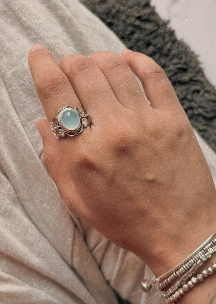 Butterfly Design Aqua Chalcedony 925 Silver Statement Ring