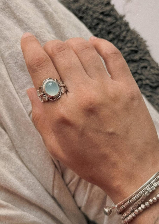 Butterfly Design Aqua Chalcedony 925 Sterling Silver Statement Ring