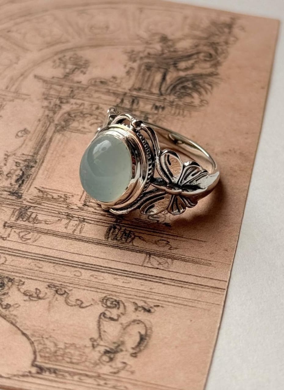 Nature Inspired Butterfly Aqua Chalcedony Silver Ring  