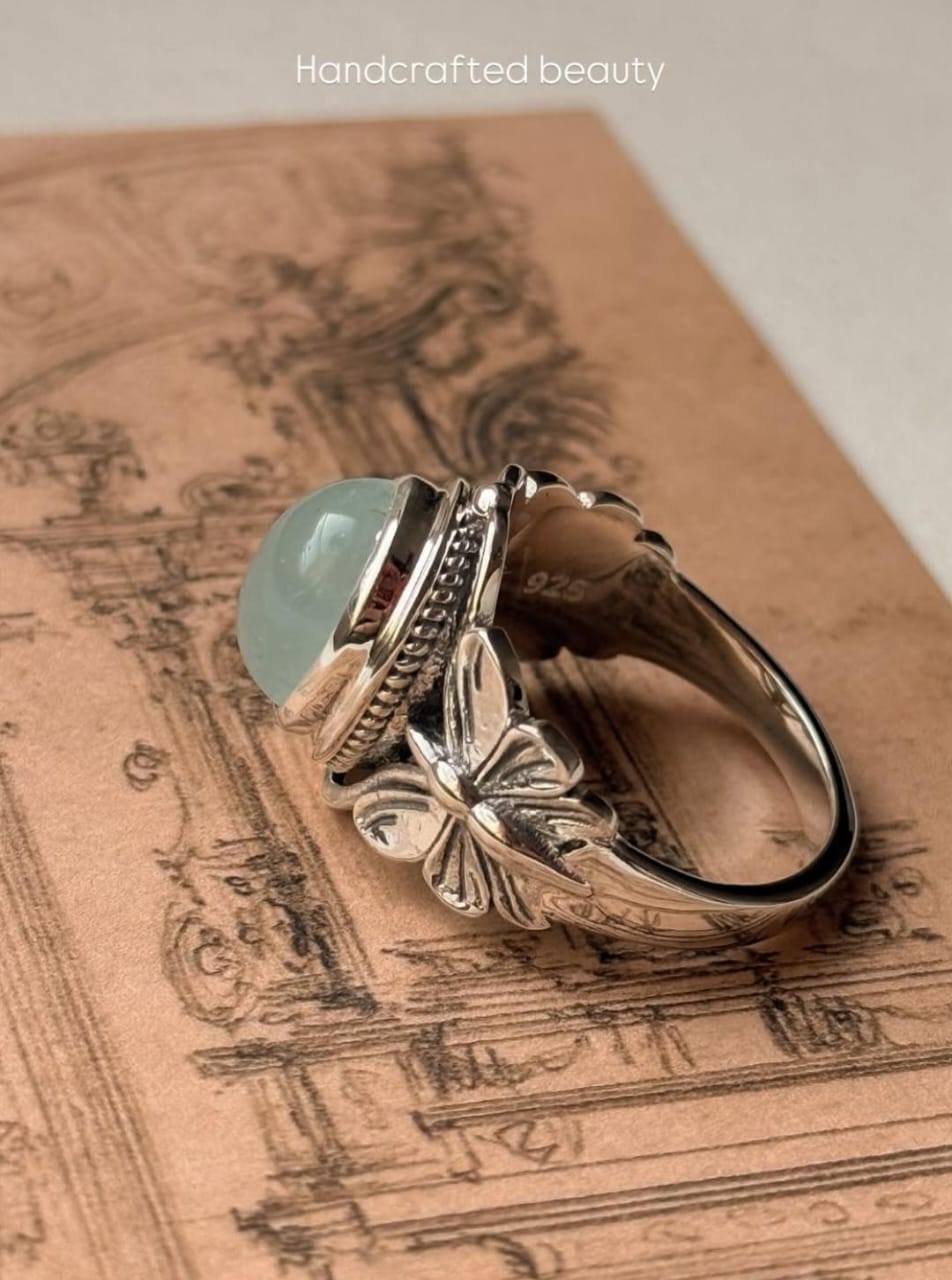 Boho Aqua Chalcedony Butterfly Motif 925 Silver Statement Ring