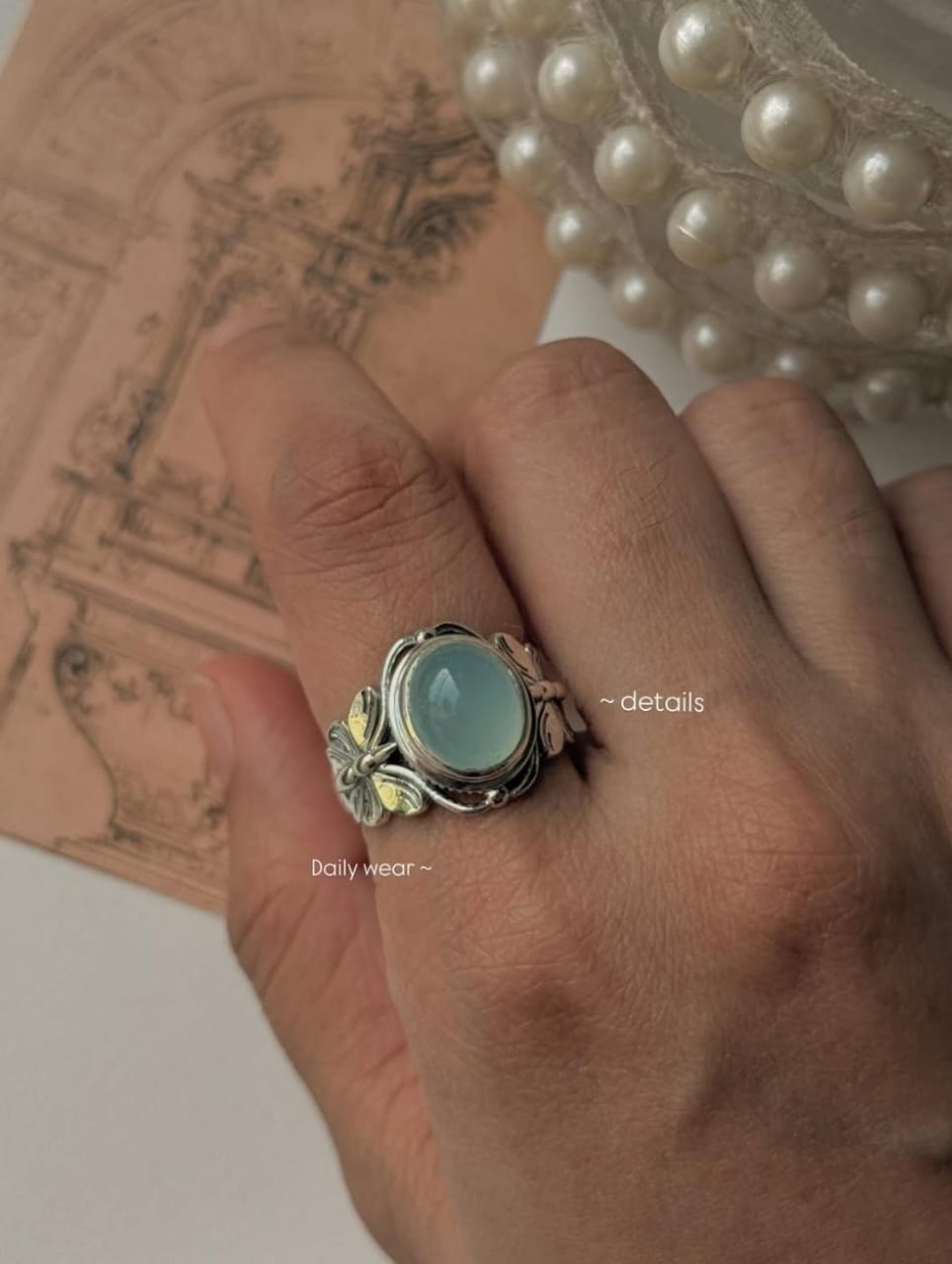 Aqua Chalcedony Butterfly Design Oxidised Sterling Silver Band  
