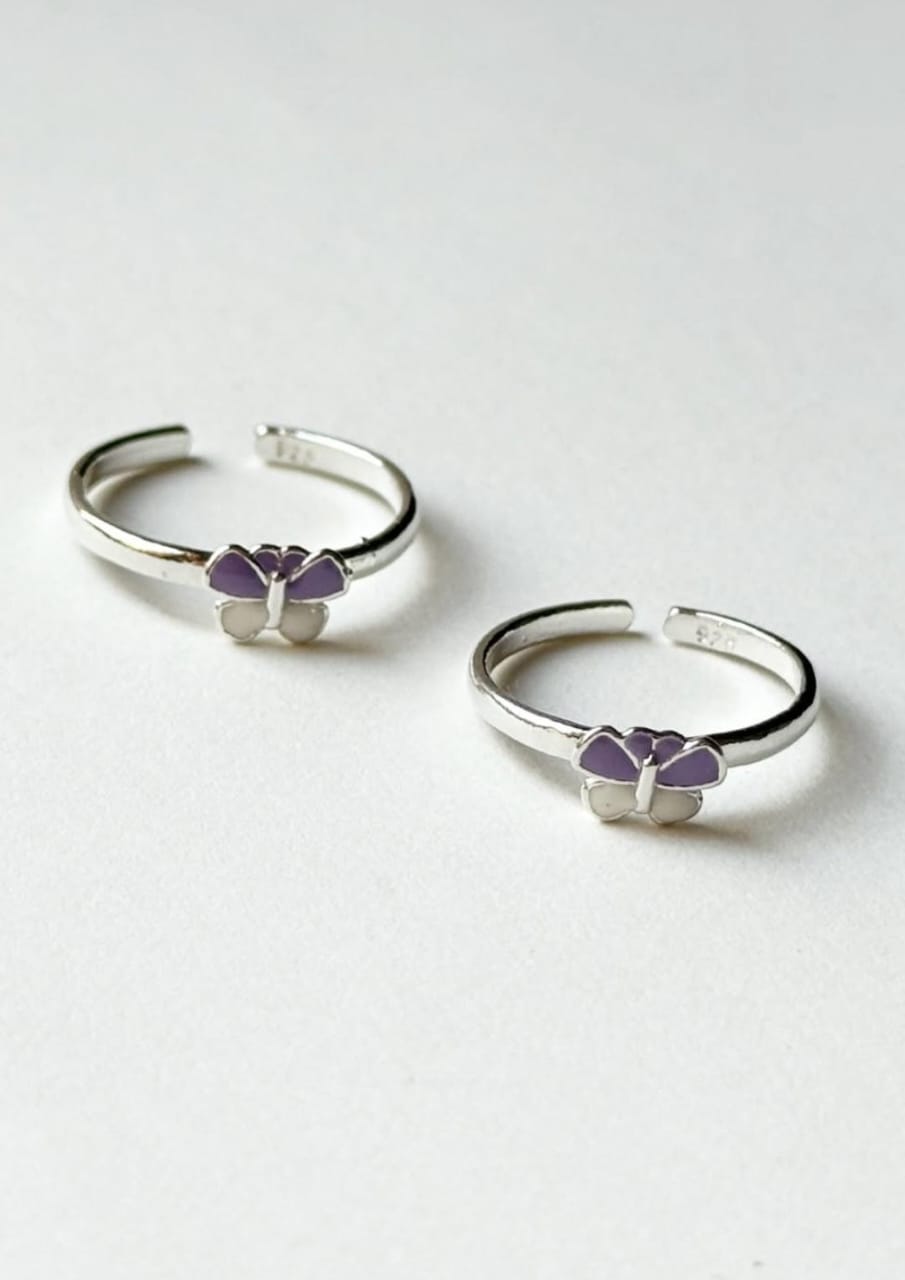 Handcrafted 925 silver butterfly toe ring with enamel design