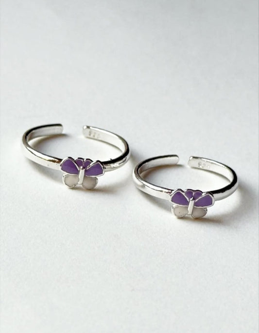 Purple and White Enamel Butterfly 925 Sterling Silver Toe Ring  