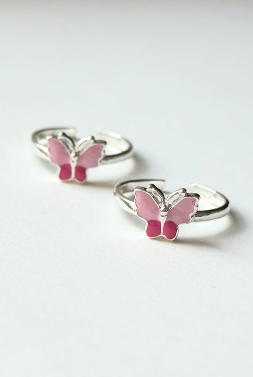 Adorable pink butterfly toe ring crafted in sterling silver
