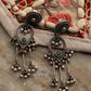 Antique Green Stone Ghungroo Boho Statement 925 Sterling Silver Earrings