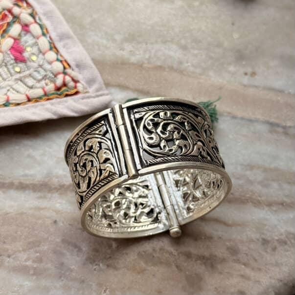 Oxidised silver chitai engraved statement cuff bracelet handmade